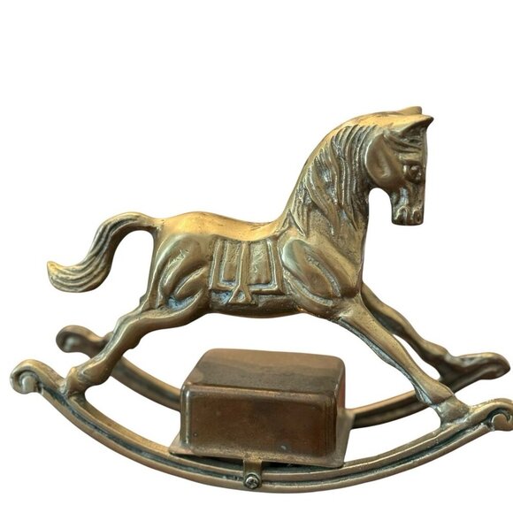 VINTAGE SOLID BRASS ROCKING HORSE W/ MUSIC BOX Plays Jingle Bells Holiday Kids - Picture 3 of 5